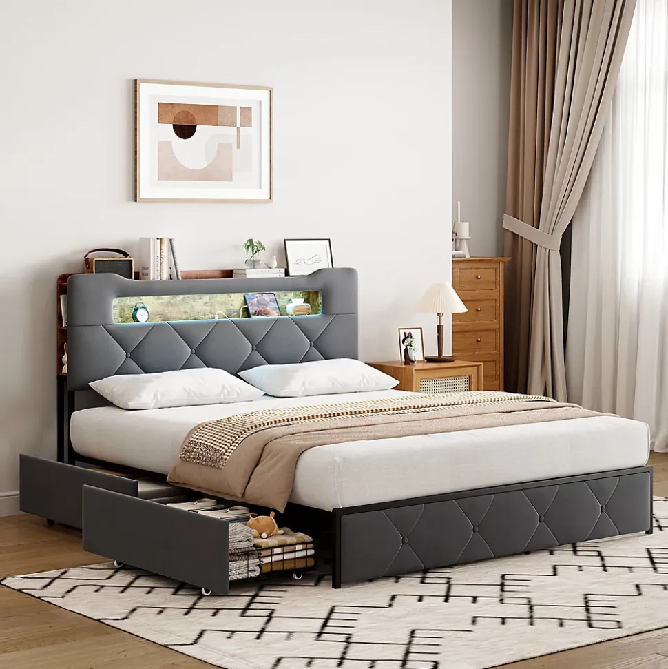 Lit coffre 140x200 cm en velours gris avec tête de lit lumineuse et chargeur intégré, 4 tiroirs de rangement, structure métal