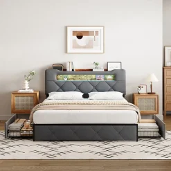 Lit coffre 140x200 cm en velours gris avec tête de lit lumineuse et chargeur intégré, 4 tiroirs de rangement, structure métal