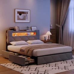 Lit coffre 140x200 cm en velours gris avec tête de lit lumineuse et chargeur intégré, 4 tiroirs de rangement, structure métal