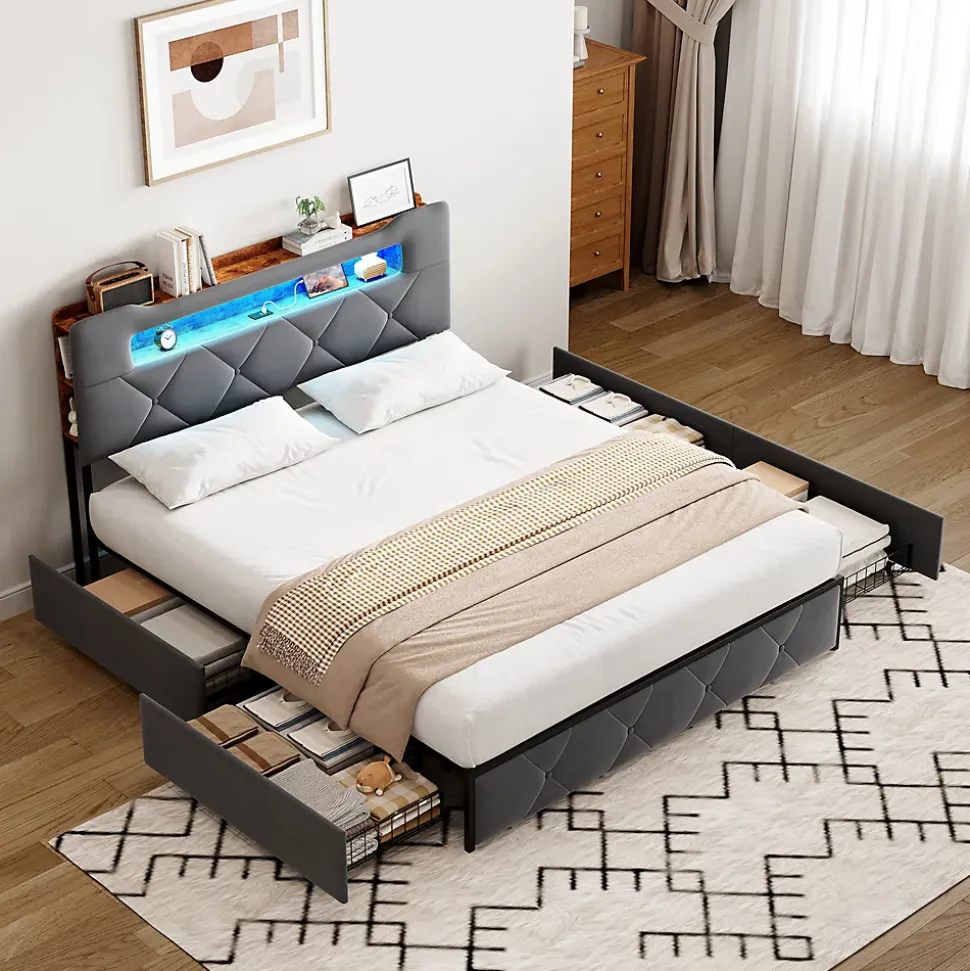 Lit coffre 140x200 cm en velours gris avec tête de lit lumineuse et chargeur intégré, 4 tiroirs de rangement, structure métal