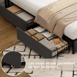 Lit coffre 140x200 cm en velours gris avec tête de lit lumineuse et chargeur intégré, 4 tiroirs de rangement, structure métal