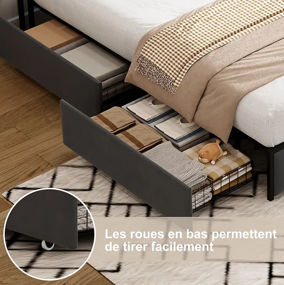 Lit coffre 140x200 cm en velours gris avec tête de lit lumineuse et chargeur intégré, 4 tiroirs de rangement, structure métal