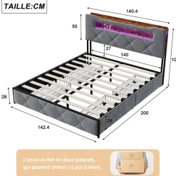 Lit coffre 140x200 cm en velours gris avec tête de lit lumineuse et chargeur intégré, 4 tiroirs de rangement, structure métal