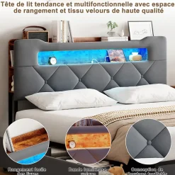 Lit coffre 140x200 cm en velours gris avec tête de lit lumineuse et chargeur intégré, 4 tiroirs de rangement, structure métal
