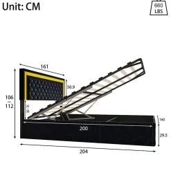 Lit coffre 160x200 cm en velours - avec LED et sommier à lattes - Lit double de rangement - avec tête de lit réglable - Noir