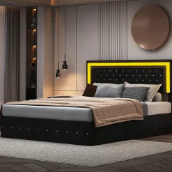 Lit coffre 160x200 cm en velours - avec LED et sommier à lattes - Lit double de rangement - avec tête de lit réglable - Noir