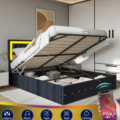 Lit Coffre 160x200 Cm En Velours - Avec LED Et Sommier à Lattes - Lit Double De Rangement - Noir