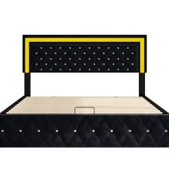 Lit Coffre 160x200 Cm En Velours - Avec LED Et Sommier à Lattes - Lit Double De Rangement - Noir