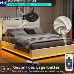 Lit coffre 160x200 cm en velours, LED + USB/Type-C, sommier à lattes, rangement, lit double, Beige