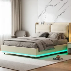 Lit coffre 160x200 cm en velours, LED + USB/Type-C, sommier à lattes, rangement, lit double, Beige