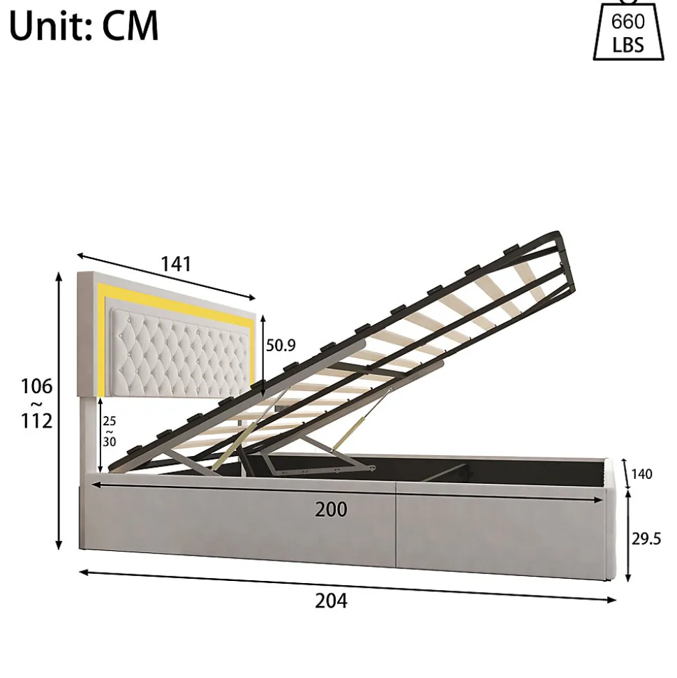 Lit coffre 140x200 cm en velours - avec LED et sommier à lattes - Lit double de rangement - avec tête de lit réglable - Beige
