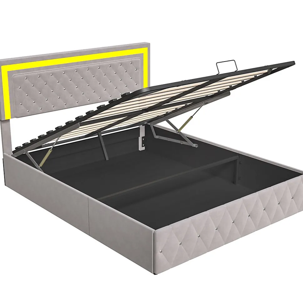 Lit coffre 140x200 cm en velours - avec LED et sommier à lattes - Lit double de rangement - avec tête de lit réglable - Beige