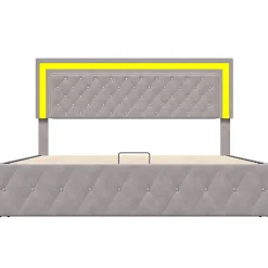 Lit coffre 140x200 cm en velours - avec LED et sommier à lattes - Lit double de rangement - avec tête de lit réglable - Beige