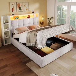 Lit coffre 90x200 cm enfant/ado - Lit Coffre Capitonné avec Rangement, LED et USB Type-C - Tissu Lin, Beige