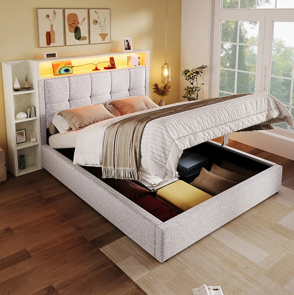 Lit coffre 90x200 cm enfant/ado - Lit Coffre Capitonné avec Rangement, LED et USB Type-C - Tissu Lin, Beige