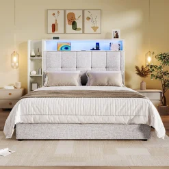 Lit coffre 90x200 cm enfant/ado - Lit Coffre Capitonné avec Rangement, LED et USB Type-C - Tissu Lin, Beige