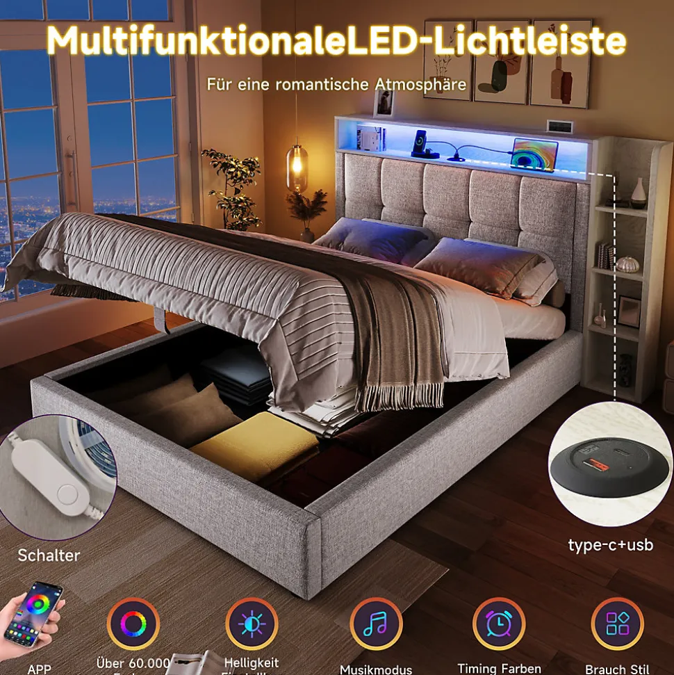 Lit coffre 90x200 cm enfant/ado - Lit Coffre Capitonné avec Rangement, LED et USB Type-C - Tissu Lin, Beige