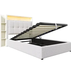 Lit coffre 90x200 cm enfant/ado - Lit Coffre Capitonné avec Rangement, LED et USB Type-C - Tissu Lin, Beige