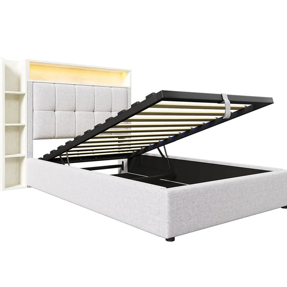 Lit coffre 90x200 cm enfant/ado - Lit Coffre Capitonné avec Rangement, LED et USB Type-C - Tissu Lin, Beige