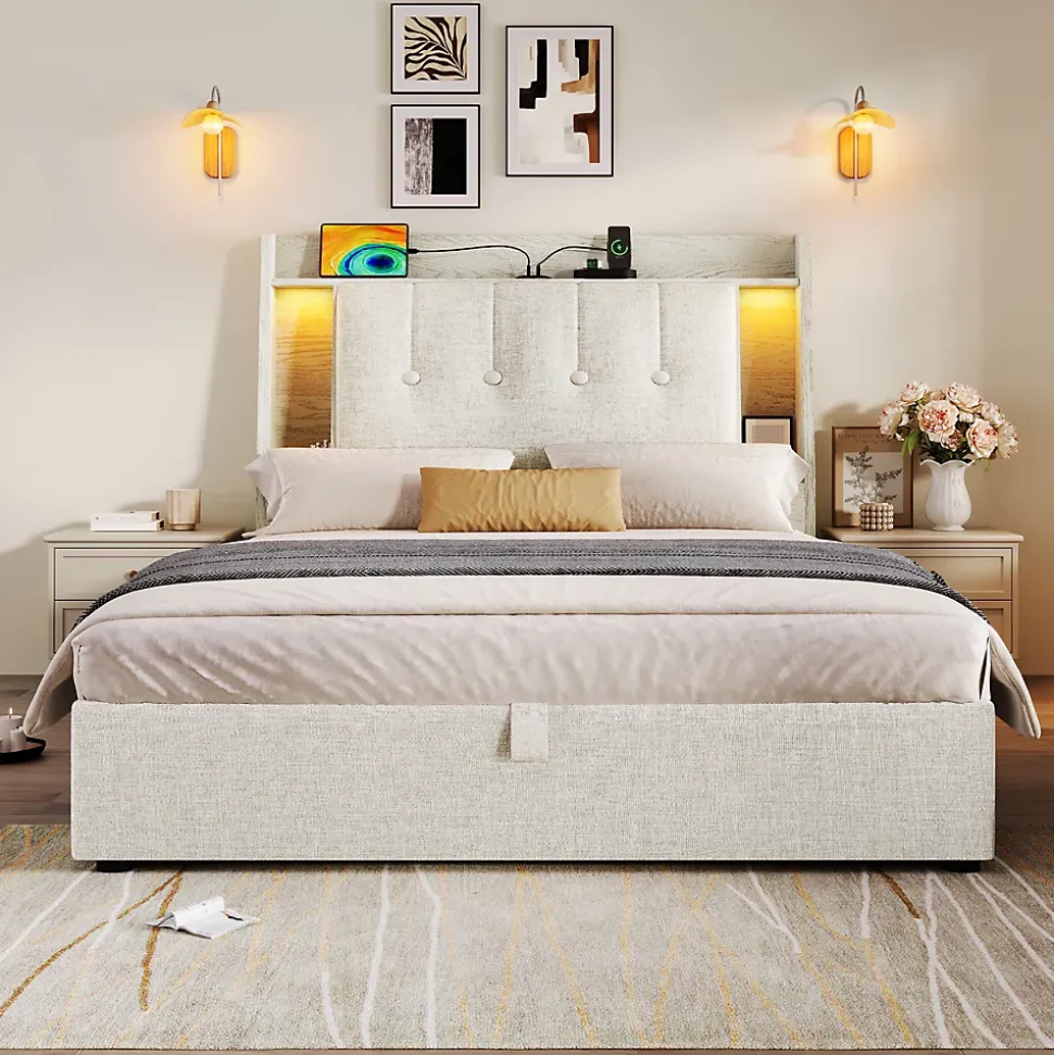 Lit coffre 90x200 cm enfant/ado - Coffre Capitonné avec Rangement, LED et Prise USB Type-C - Tissu Lin, Beige