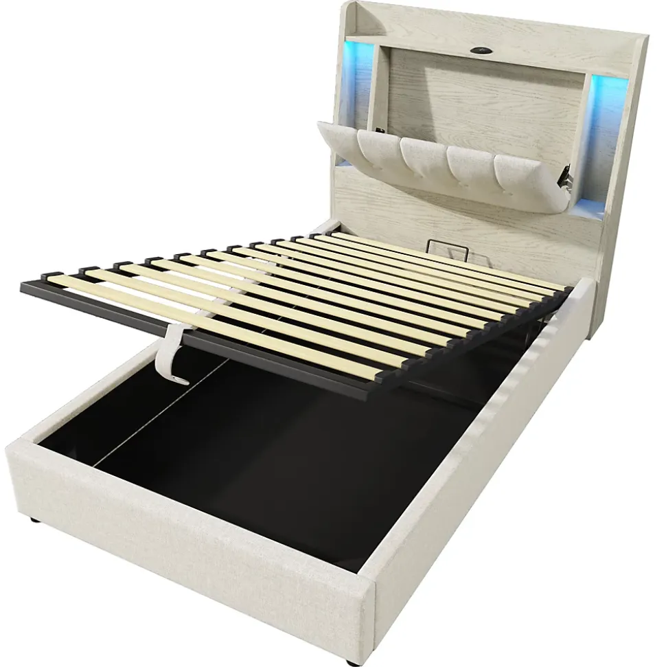 Lit coffre 90x200 cm enfant/ado - Coffre Capitonné avec Rangement, LED et Prise USB Type-C - Tissu Lin, Beige