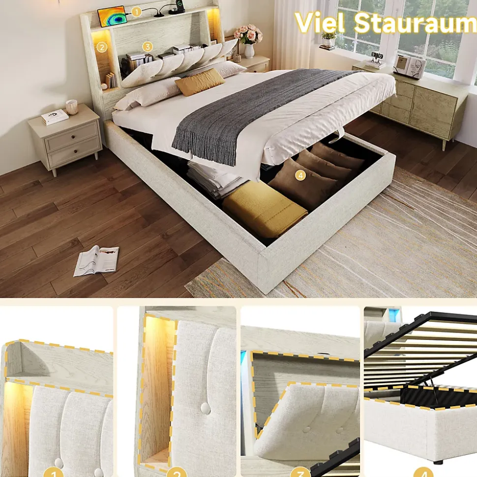 Lit coffre 90x200 cm enfant/ado - Coffre Capitonné avec Rangement, LED et Prise USB Type-C - Tissu Lin, Beige