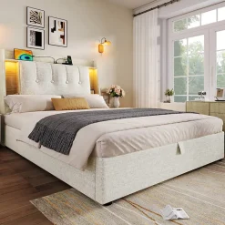 Lit coffre 90x200 cm enfant/ado - Coffre Capitonné avec Rangement, LED et Prise USB Type-C - Tissu Lin, Beige