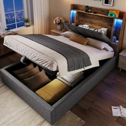 Lit coffre 90x200 cm enfant/ado - Coffre Capitonné avec Rangement, LED et USB Type-C - Tissu Lin, Gris