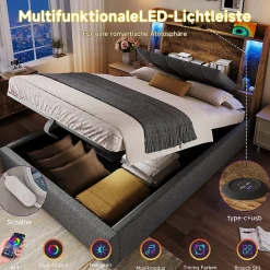 Lit coffre 90x200 cm enfant/ado - Coffre Capitonné avec Rangement, LED et USB Type-C - Tissu Lin, Gris