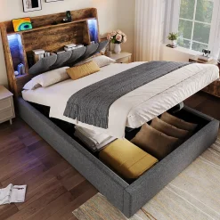 Lit coffre 90x200 cm enfant/ado - Coffre Capitonné avec Rangement, LED et USB Type-C - Tissu Lin, Gris