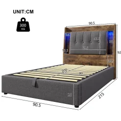 Lit coffre 90x200 cm enfant/ado - Coffre Capitonné avec Rangement, LED et USB Type-C - Tissu Lin, Gris