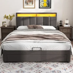 Lit coffre 140x190 cm gris avec LED, rangement hydraulique, tiroirs et compartiments, tête rembourrée escamotable, cadre acier