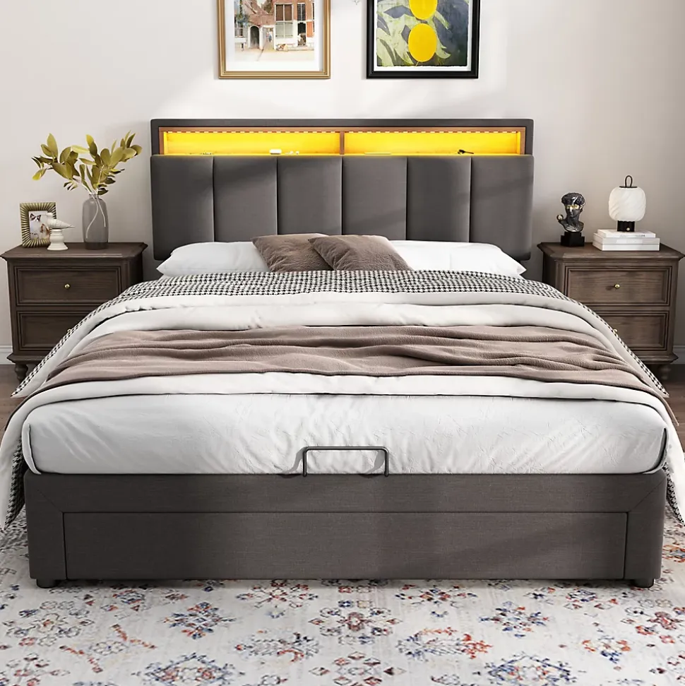 Lit coffre 140x190 cm gris avec LED, rangement hydraulique, tiroirs et compartiments, tête rembourrée escamotable, cadre acier