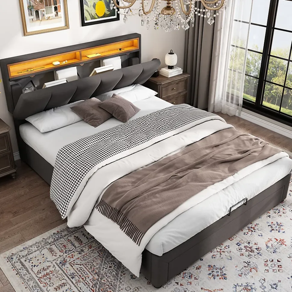 Lit coffre 140x190 cm gris avec LED, rangement hydraulique, tiroirs et compartiments, tête rembourrée escamotable, cadre acier