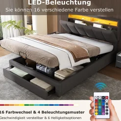 Lit coffre 140x190 cm gris avec LED, rangement hydraulique, tiroirs et compartiments, tête rembourrée escamotable, cadre acier