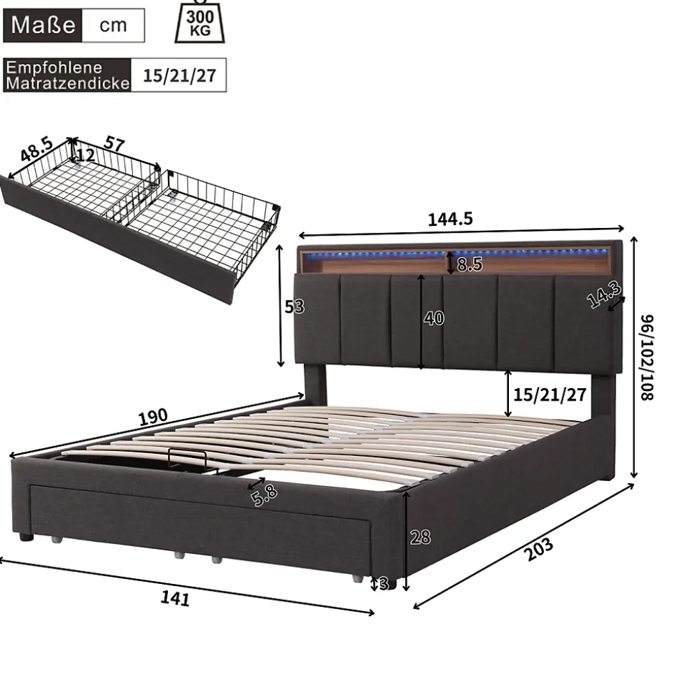 Lit coffre 140x190 cm gris avec LED, rangement hydraulique, tiroirs et compartiments, tête rembourrée escamotable, cadre acier