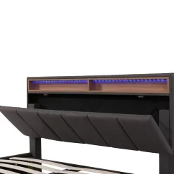 Lit coffre 140x190 cm gris avec LED, rangement hydraulique, tiroirs et compartiments, tête rembourrée escamotable, cadre acier