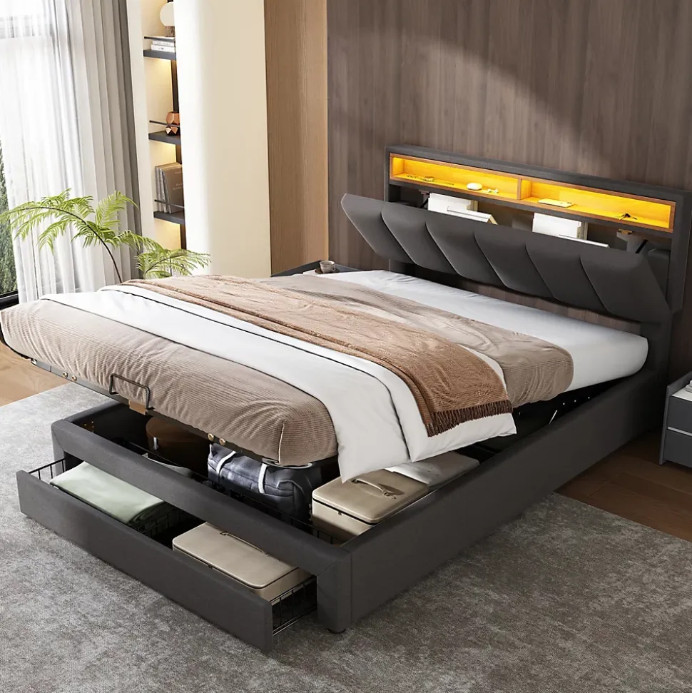 Lit coffre 140x190 cm gris avec LED, rangement hydraulique, tiroirs et compartiments, tête rembourrée escamotable, cadre acier