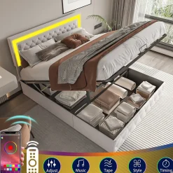 Lit coffre 140x200 cm, LED, sommier à lattes, tête de lit réglable, rangement, beige.