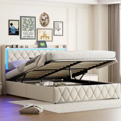 Lit Coffre 140x200 Cm, Lit Capitonné Avec Rangement Et USB De Type C, LED, Velours, Beige