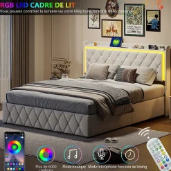 Lit Coffre 140x200 Cm, Lit Capitonné Avec Rangement Et USB De Type C, LED, Velours, Beige