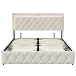 Lit Coffre 140x200 Cm, Lit Capitonné Avec Rangement Et USB De Type C, LED, Velours, Beige