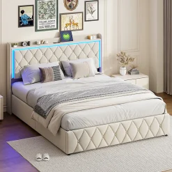 Lit Coffre 160x200 Cm, Lit Capitonné Avec Rangement Et USB De Type C, LED, Velours, Beige