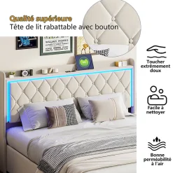 Lit Coffre 160x200 Cm, Lit Capitonné Avec Rangement Et USB De Type C, LED, Velours, Beige