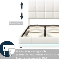 Lit coffre 140x190 cm, Lit doub LED capitonné relevable hydraulique avec sommier à lattes, Blanc
