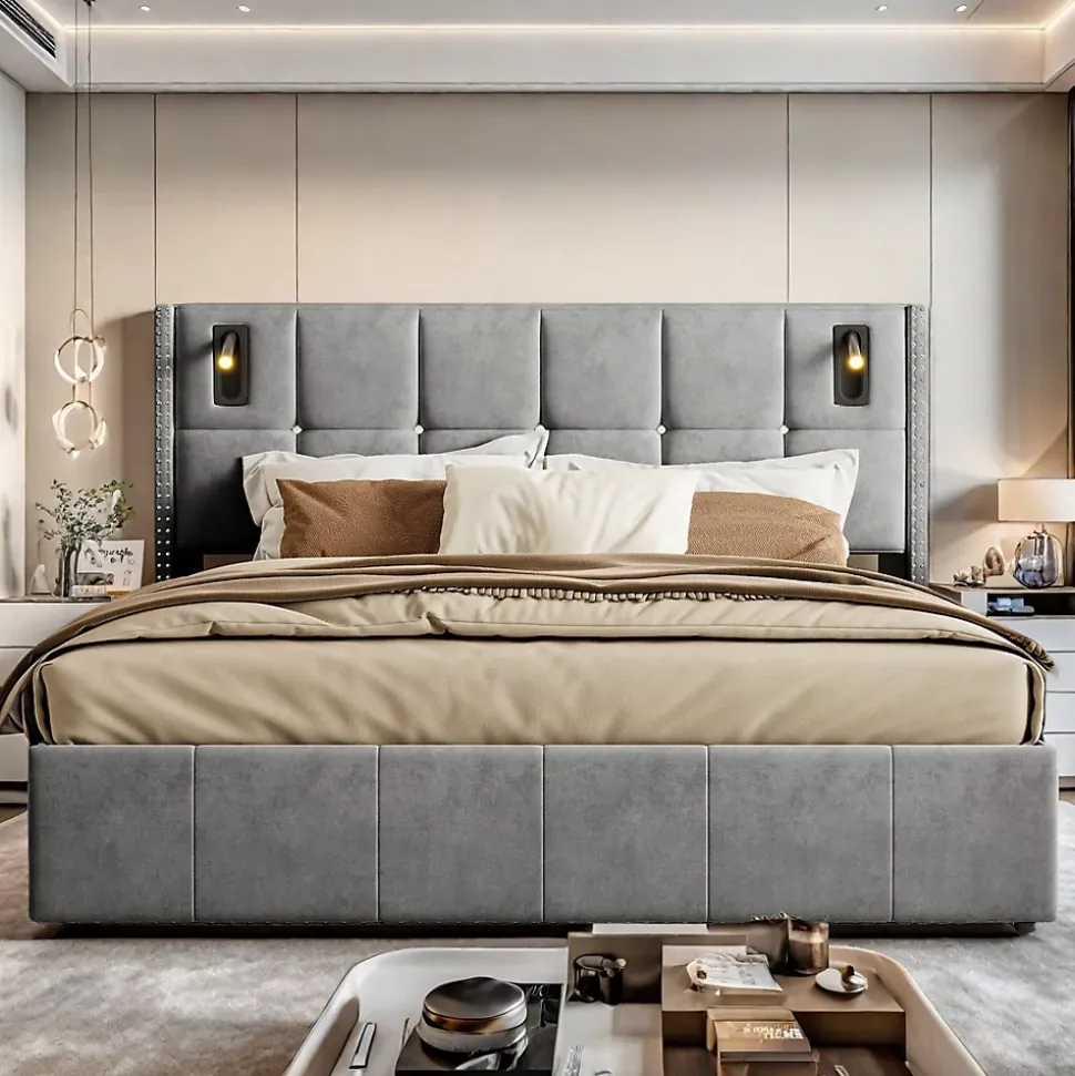 Lit coffre 160x200 cm, Lit double avec rangement et sommier à lattes, tissu en velours, lumière de lecture, Gris