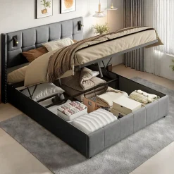 Lit coffre 160x200 cm, Lit double avec rangement et sommier à lattes, tissu en velours, lumière de lecture, Gris