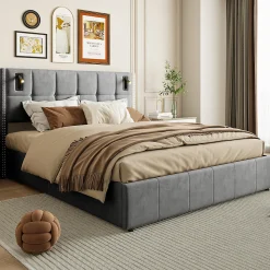 Lit coffre 160x200 cm, Lit double avec rangement et sommier à lattes, tissu en velours, lumière de lecture, Gris
