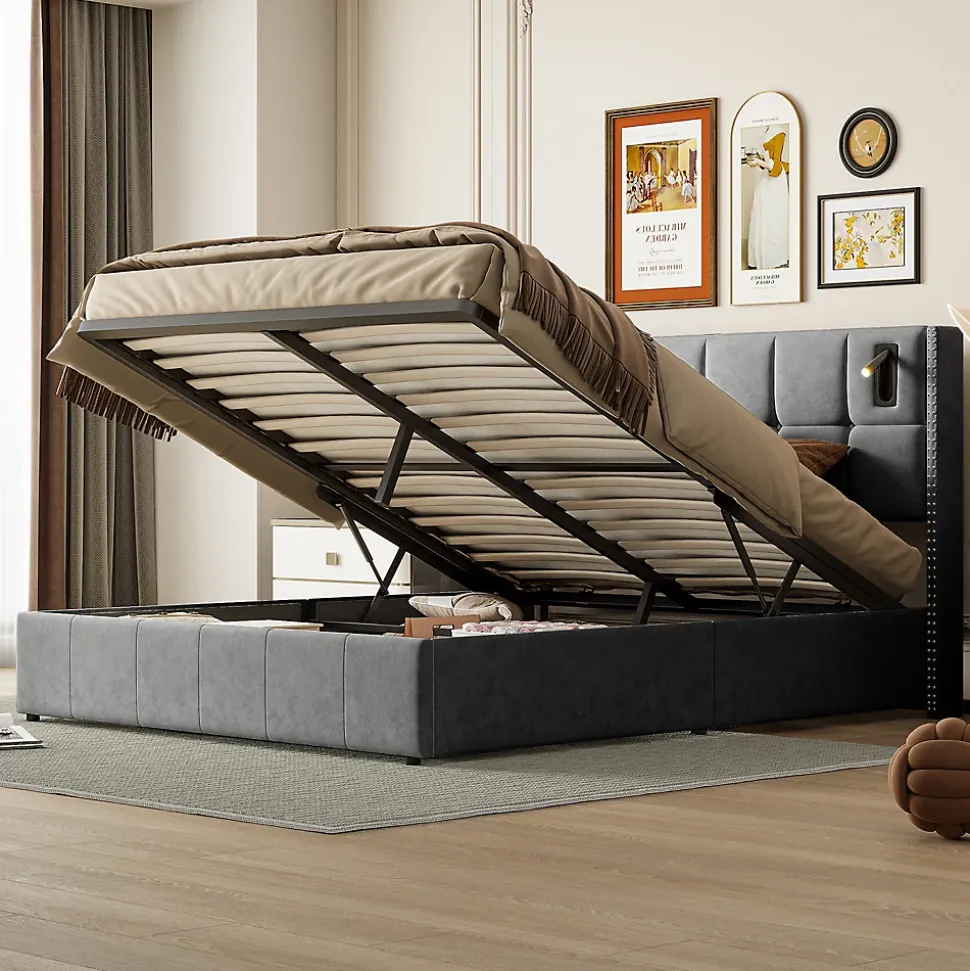 Lit coffre 160x200 cm, Lit double avec rangement et sommier à lattes, tissu en velours, lumière de lecture, Gris