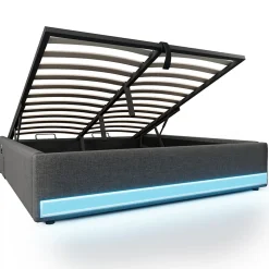 Lit Coffre 140x200 cm, Lit Double Ado avec LED et Ports USB Type-C, Structure MDF et Revêtement Lin, Sans Matelas - Beige